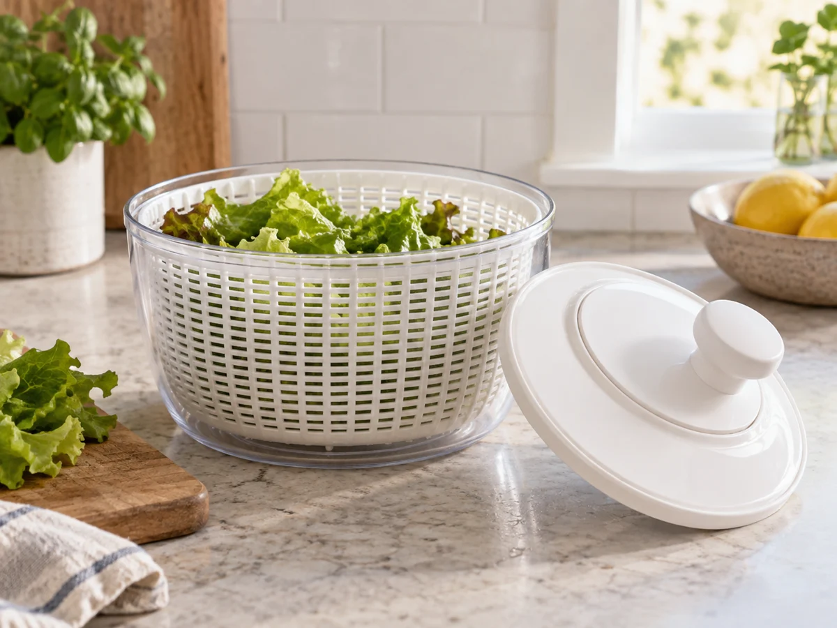 A salad spinner with a clear bowl, removable lid and lettuce in its perforated basket.