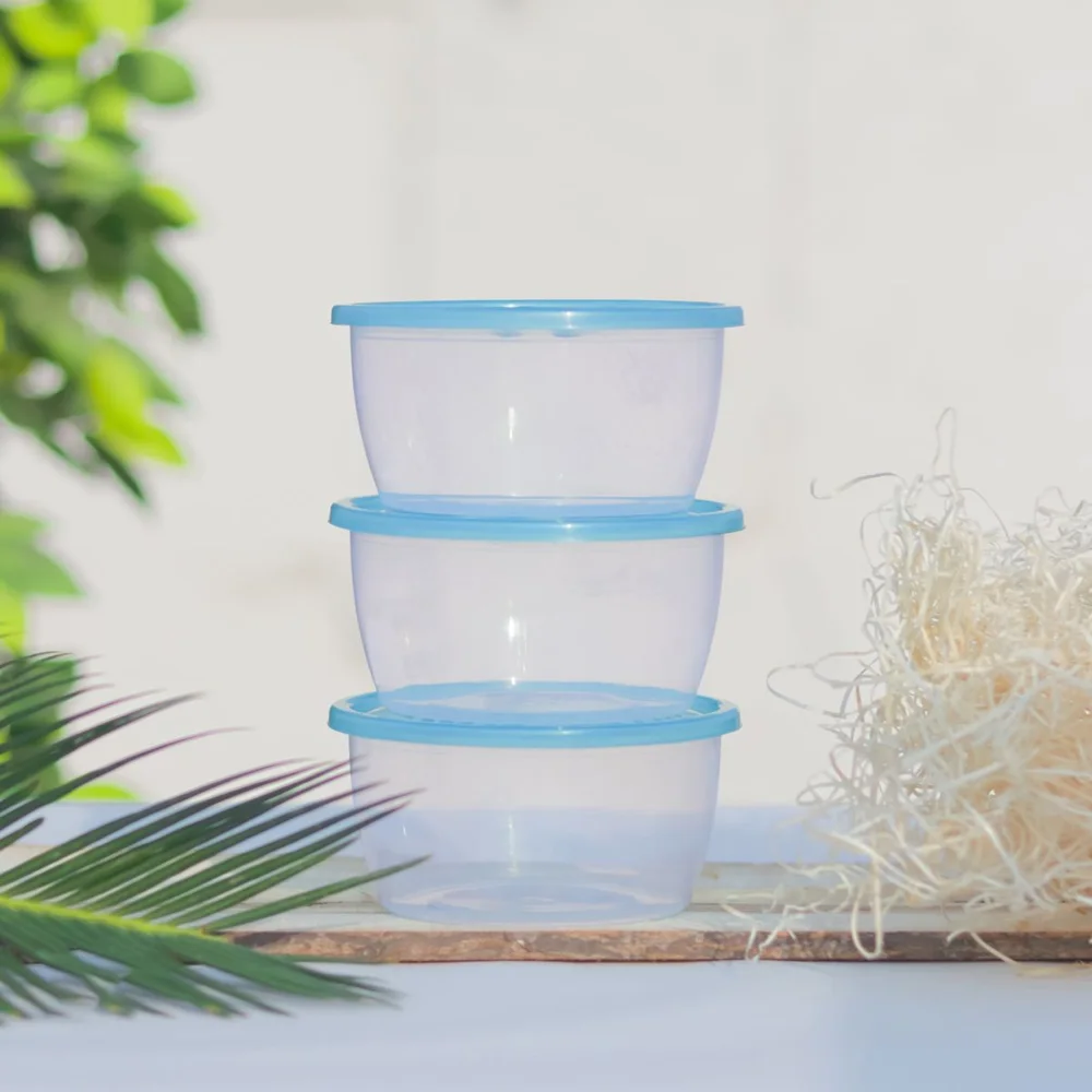 Three clear plastic containers with blue lids stacked against a bright, leafy background.