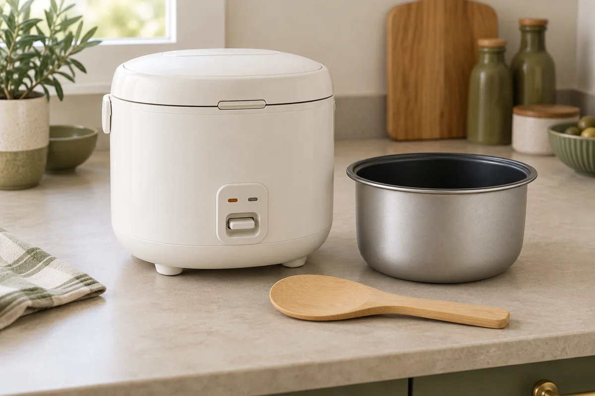 Compact ivory electric rice cooker with a removable inner bowl and rice paddle on a kitchen counter.