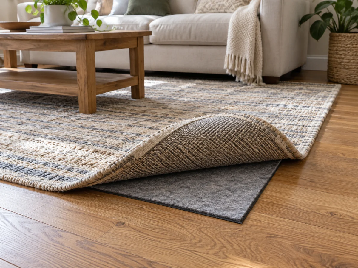 A corner of a woven living room rug lifted to show its thin felt-and-rubber non-slip rug pad underneath on an oak floor. The pad is visibly smaller than the rug and two distinct layers are clear.