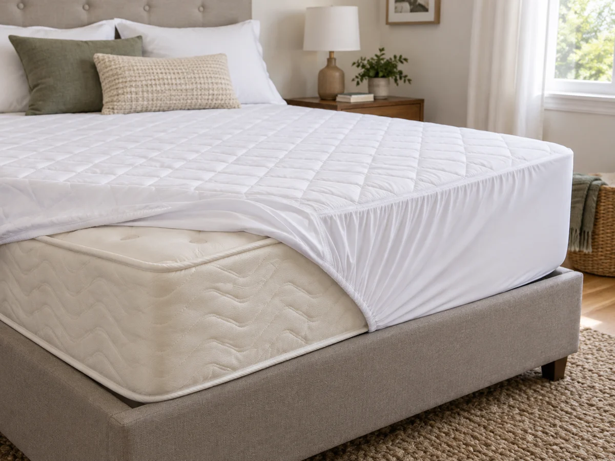 A close view of a white quilted fitted mattress protector partially pulled onto a bare mattress corner, elastic skirt, deep fitted side and protector surface visibly distinct from mattress; an ordinary neatly made bedroom in the background.