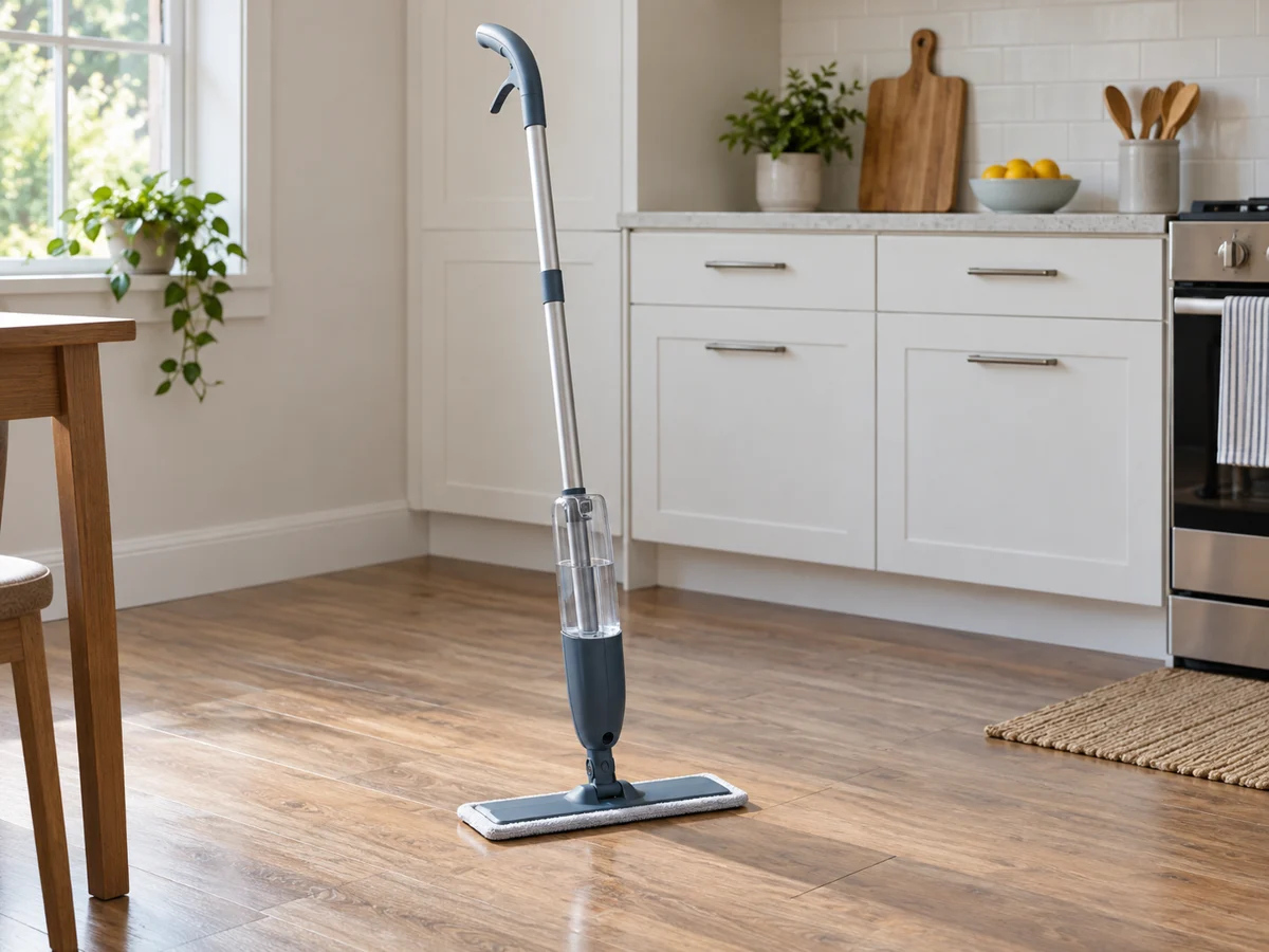 A household spray mop with its slim handle, trigger, detachable transparent refill bottle mounted low on the handle and flat microfiber cleaning head, standing beside a clean kitchen floor; no steam, no cleaning liquid being sprayed.