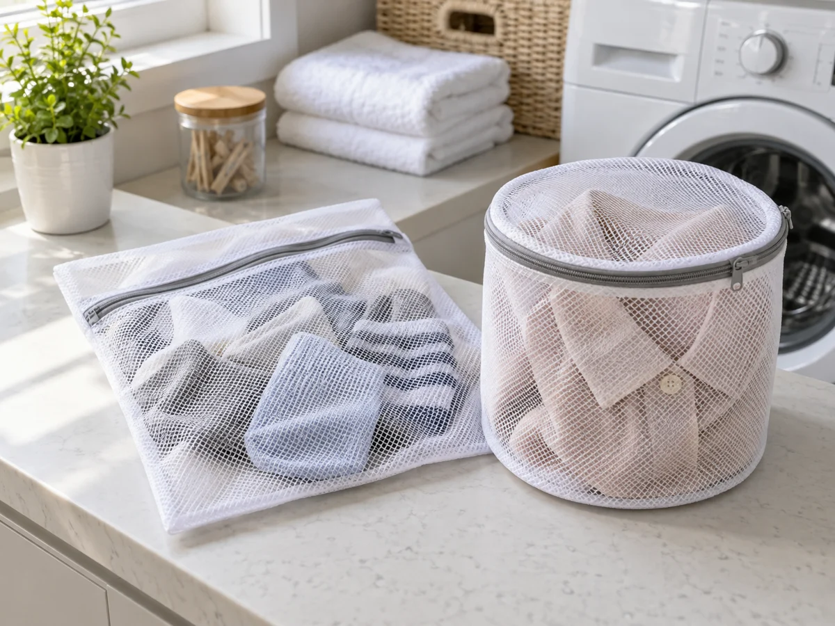 Two white fine-mesh zippered laundry wash bags, one flat rectangular and one small cylindrical bag, containing socks and a delicate shirt, on a clean light laundry counter beside a washing machine. Zipper and fine mesh visible, no produce bags.