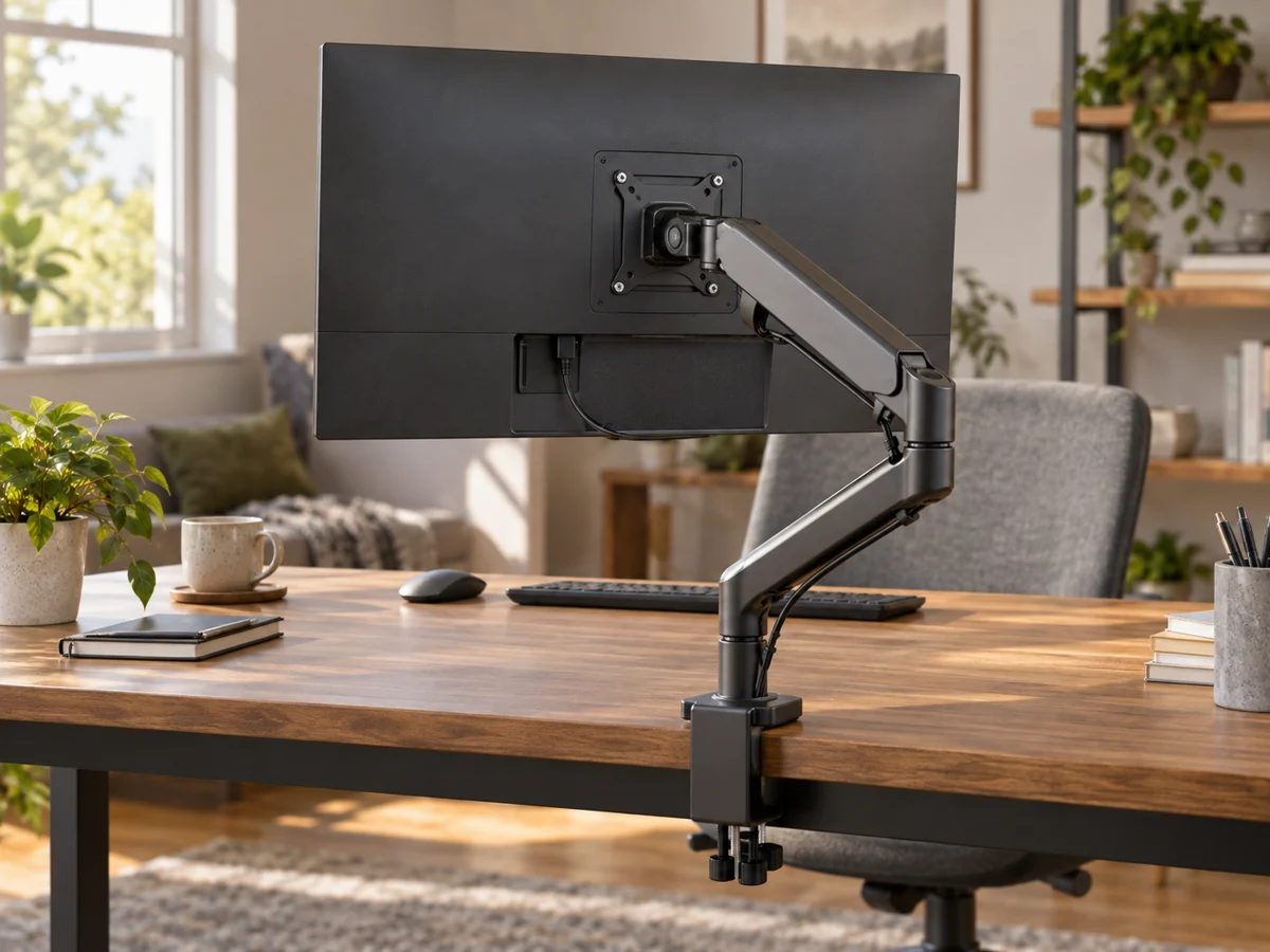 The rear of a single computer monitor mounted to a clearly visible articulated metal monitor arm clamped to a wooden home-office desk. Show the VESA mounting plate, two joints, cable routing and desk clamp; ordinary quiet workspace.