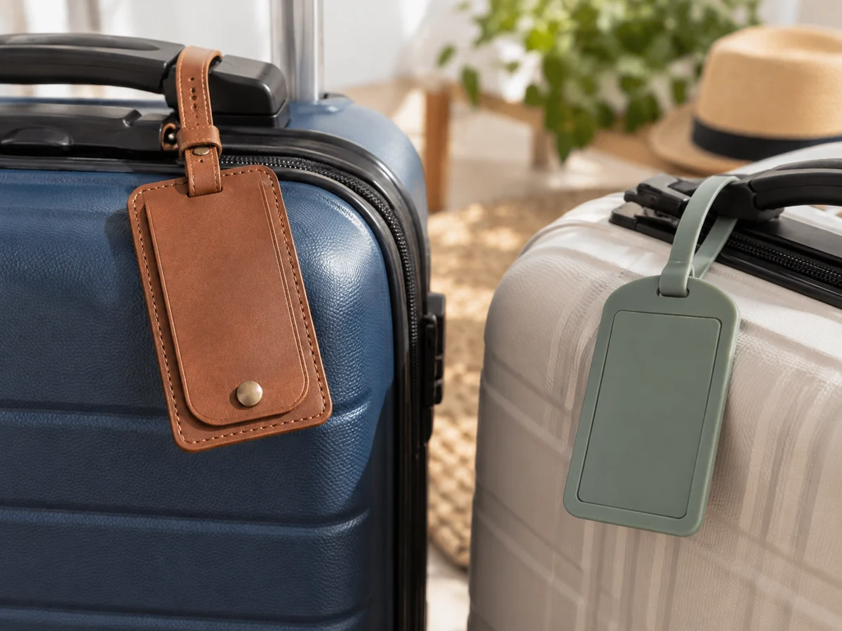 Two reusable luggage identity tags attached to suitcase handles, one leather privacy-flap tag closed and one plain silicone tag with a blank concealed insert; close-up on the tags, not airline barcode stickers.