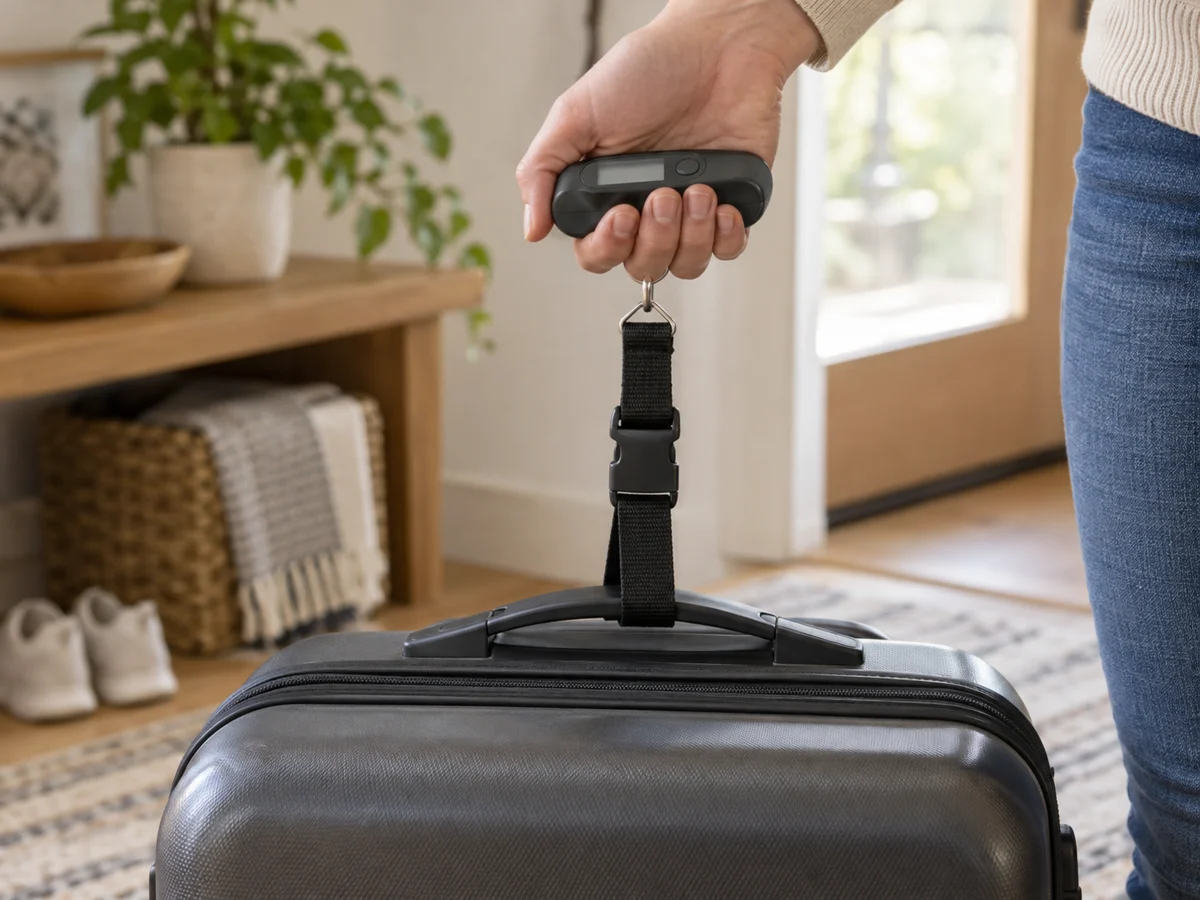 A small handheld digital luggage scale with a short fabric strap looped around the handle of a carry-on suitcase, ready to be lifted. Show ergonomic grip, simple small display without legible numbers and the load-bearing strap clearly.