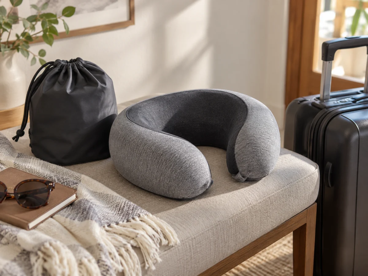 A compact U-shaped travel neck pillow with a removable fabric cover lying beside its simple drawstring carrying pouch and a carry-on bag on a clean neutral bench.
