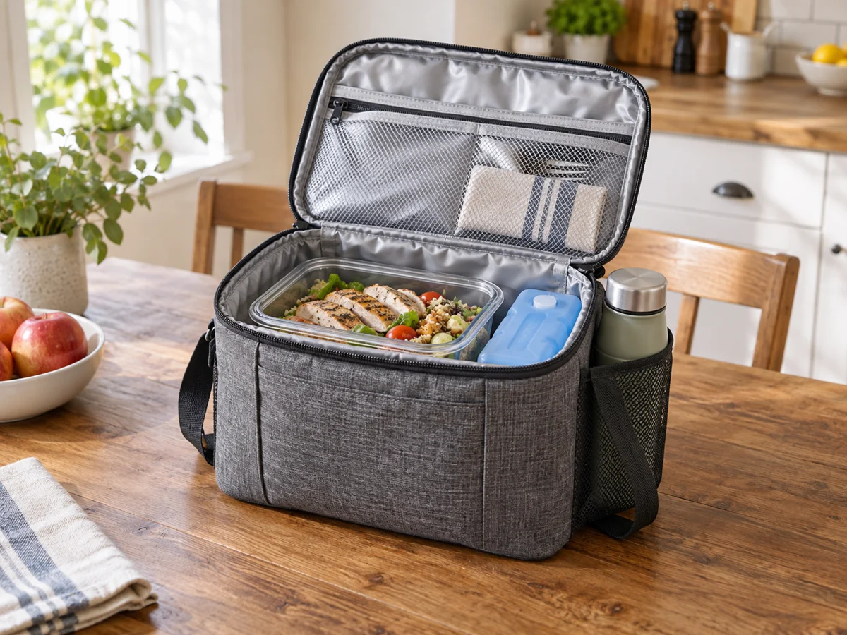 A reusable zippered insulated commuter lunch bag on a kitchen table, opened to reveal one food container, a small ice pack and a side pocket, washable lining visibly shown; not a paper takeaway bag.