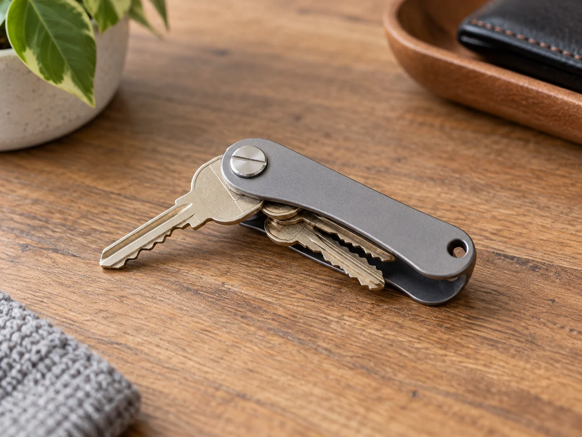 A compact folding metal key organizer with three ordinary flat house keys held between two slim side plates by a screw pivot, one key swung out and two folded inside. Plain mechanical organizer on a neutral wood surface, no wall hooks, no branded logos.