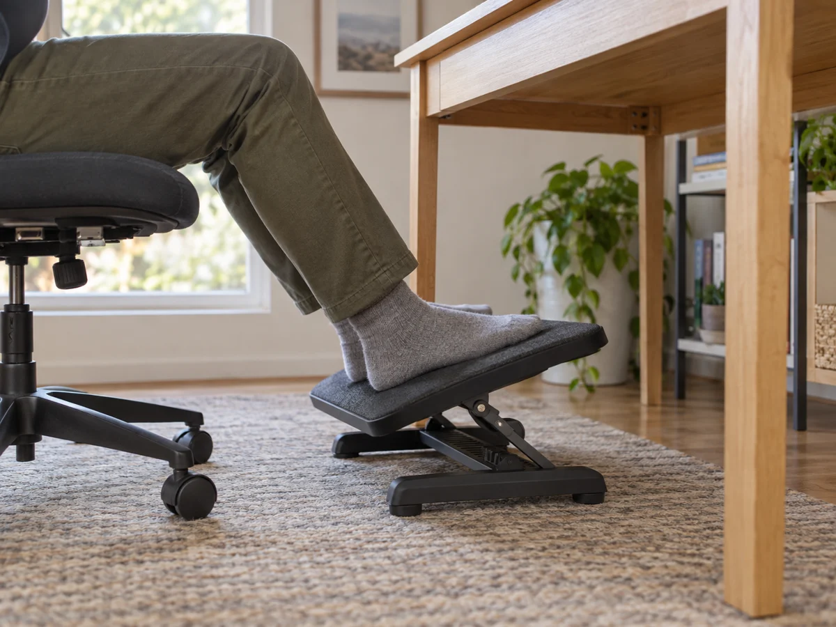 An adjustable low office footrest platform under an ordinary wooden desk, shown from the side with two socks-covered feet resting on it; clear view of its tilt mechanism and the space between it and the chair wheels. No medical claims or labels.