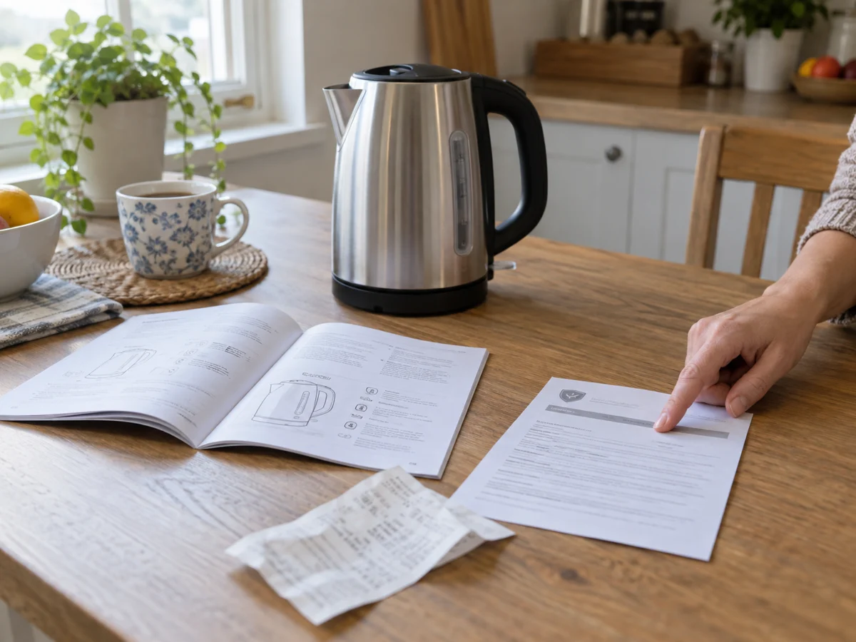 An appliance instruction booklet, warranty leaflet and receipt beside a kitchen kettle.