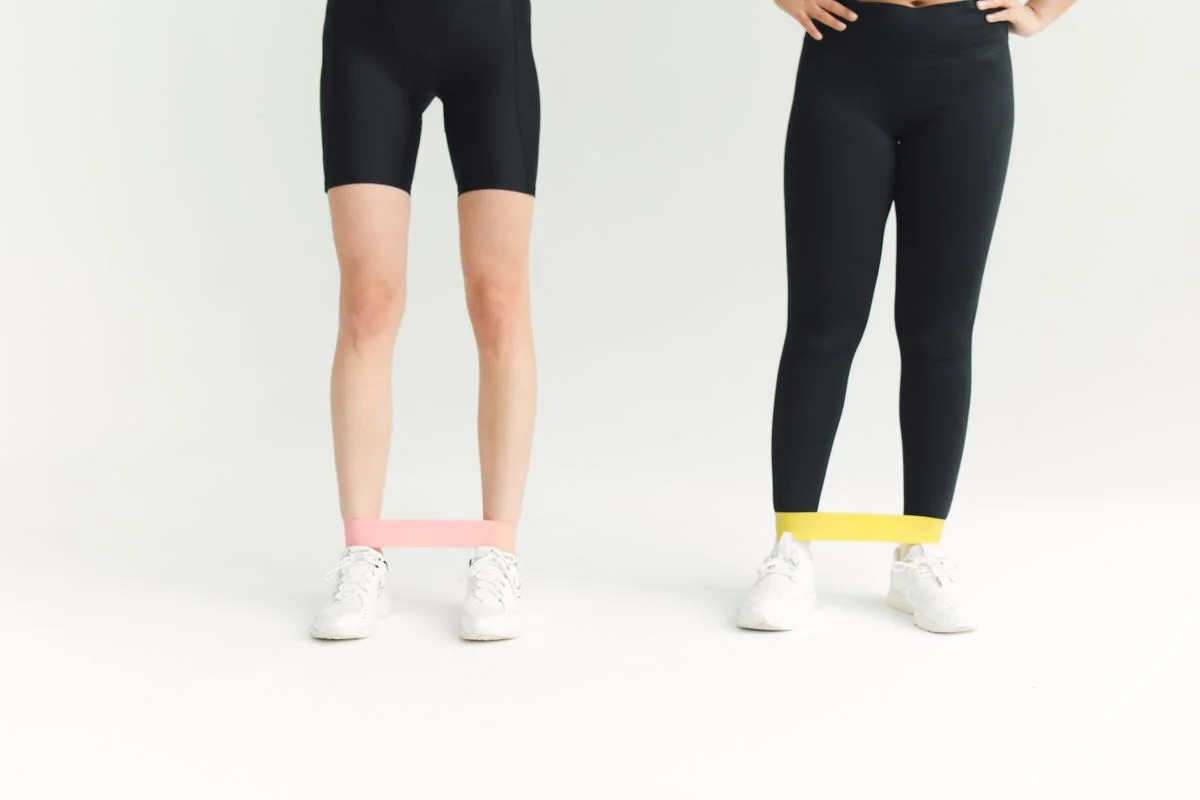 Two women in activewear using resistance bands during an indoor workout session.